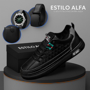 Tênis Casual Ortopédico Masculino Alvion em Couro e Sola Antiderrapante +BRINDES: Relógio, Cinto e Carteira