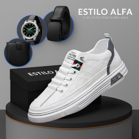 Tênis Casual Ortopédico Masculino Alvion em Couro e Sola Antiderrapante +BRINDES: Relógio, Cinto e Carteira