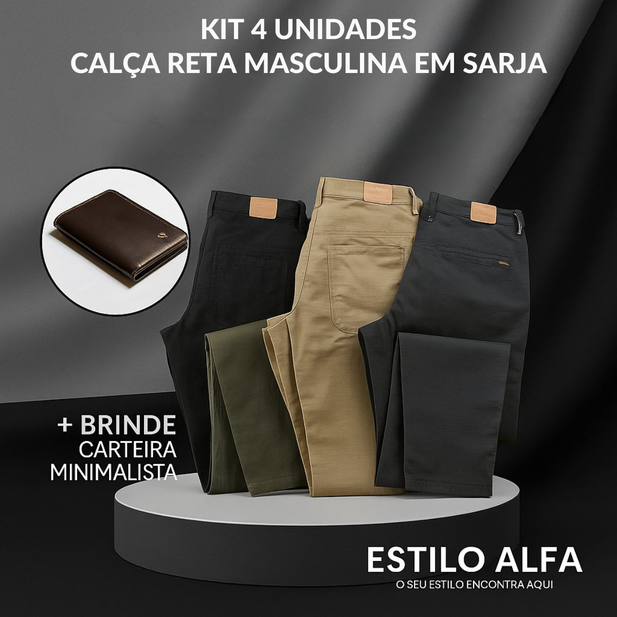 Kit 4 Calça Reta Masculina em Sarja + Brinde carteira minimalista