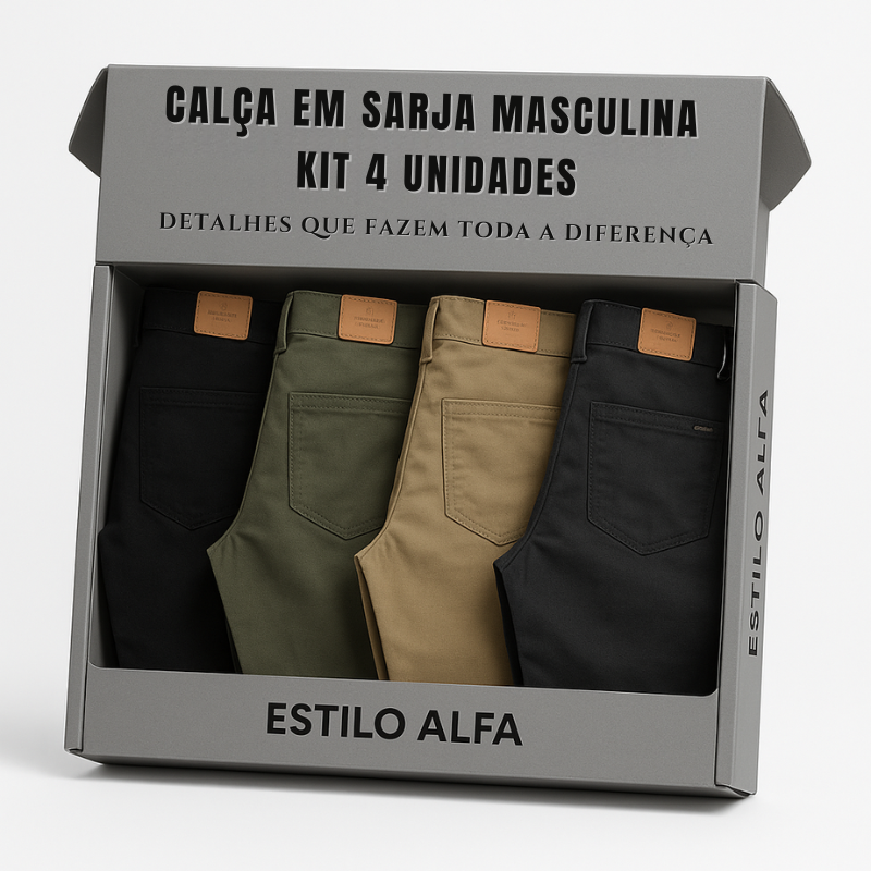 Calça Reta Masculina em Sarja - kit com 4