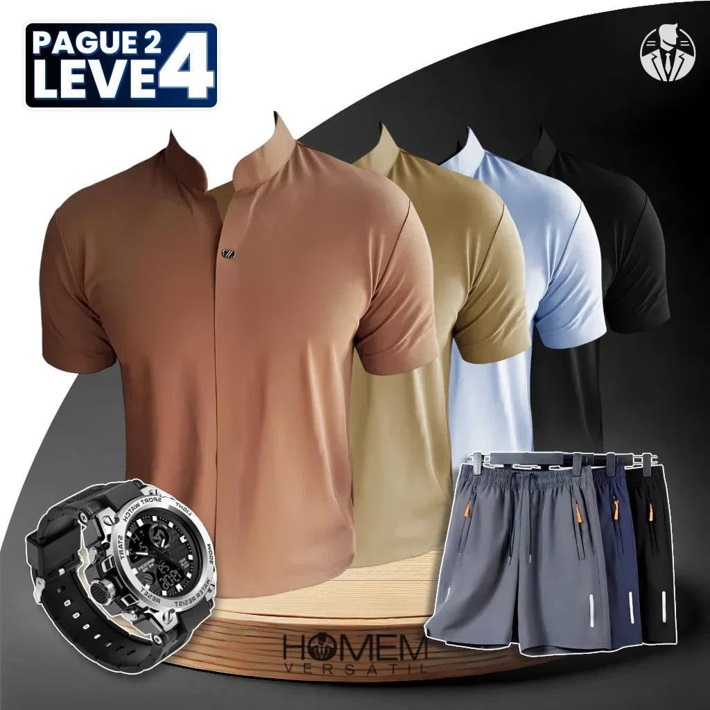 PAGUE 2 LEVE 4 - Camisa Polo Casual Domirax em Seda Gelo e Poliéster + BRINDES: 3 Bermudas e Relógio Tático